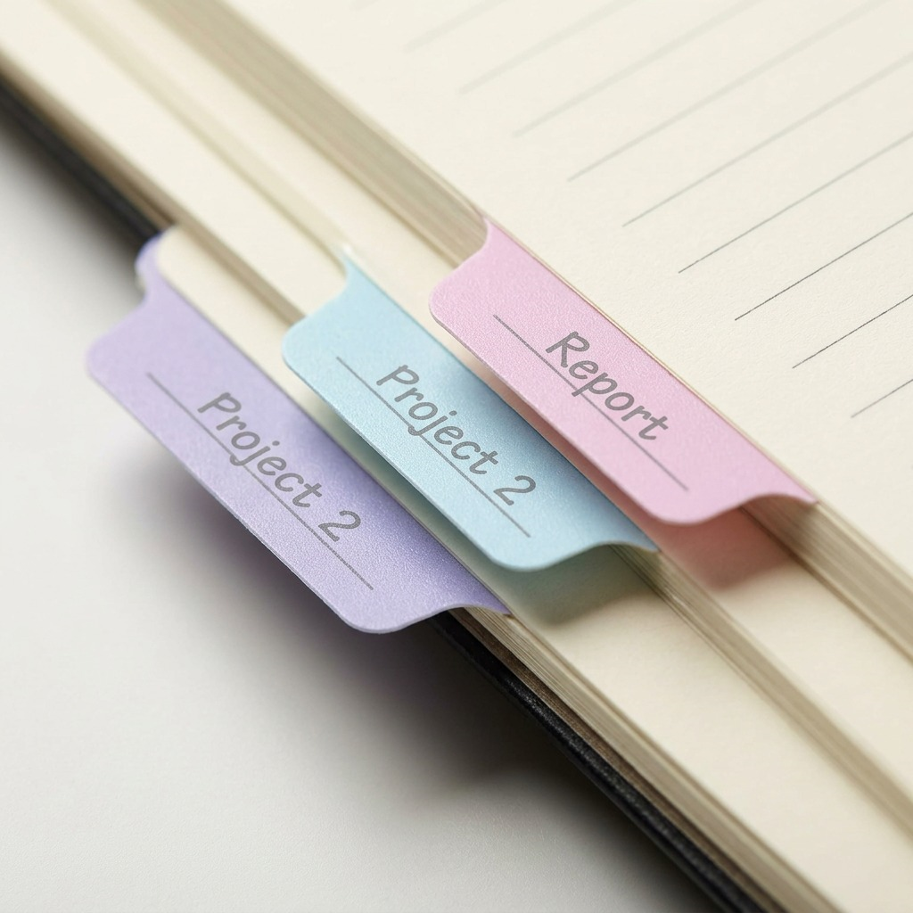 A detailed macro photo showing the subtle textured surface of three multi-colored Avery UltraTabs with pre-printed labels.