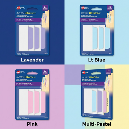 Matrix image showing Avery UltraTabs in Lavender, Light Blue, Pink, and Multi-Pastel packs.