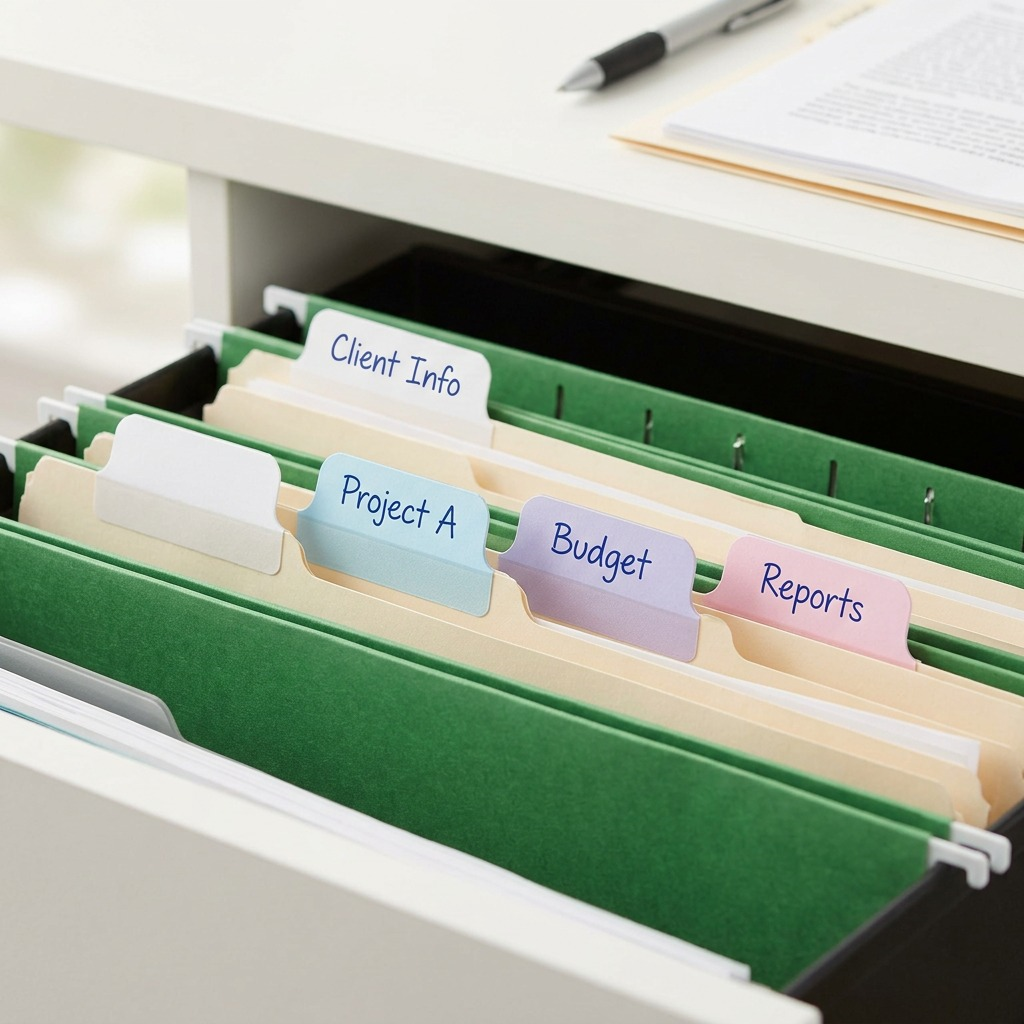 A clean, well-lit photo of multi-colored pastel Avery UltraTabs attached to manila hanging file folders.