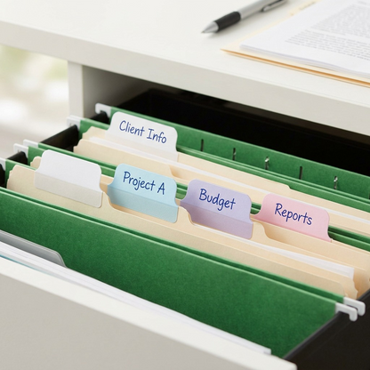 A clean, well-lit photo of multi-colored pastel Avery UltraTabs attached to manila hanging file folders.