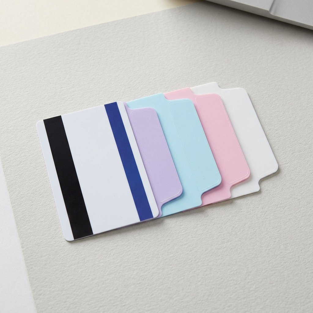 A scale photo shows a pastel Avery UltraTab (Lavender) being affixed to the edge of a plastic ID card, illustrating its actual 1.5-inch width.