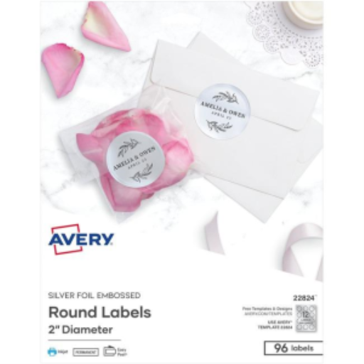 22824 SILVER FOIL EMBOSSED ROUND LABELS, 2" DIAMETER, 8 SHTS