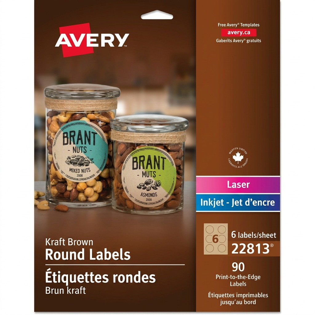 Randmar main product image for SKU TXTB5VL7SLDGB1DTUMDN showing Avery Kraft Brown Round Labels 22813 on an easel in a pure white photo.