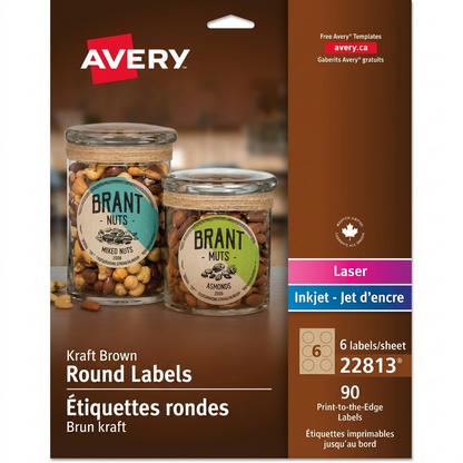 Randmar main product image for SKU TXTB5VL7SLDGB1DTUMDN showing Avery Kraft Brown Round Labels 22813 on an easel in a pure white photo.