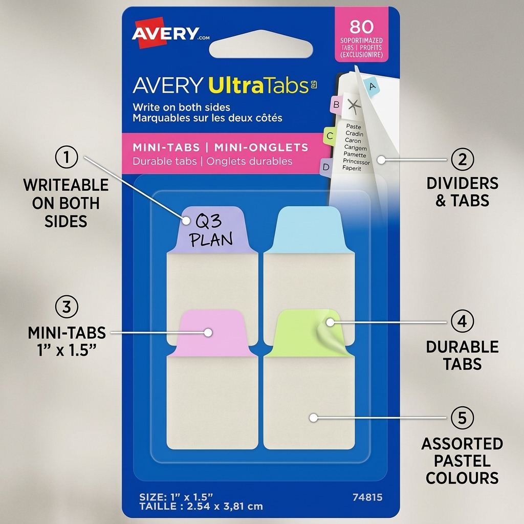 A dynamic matrix image showing four different Avery UltraTabs, each with a different feature callout including two-sided writing and durable construction.