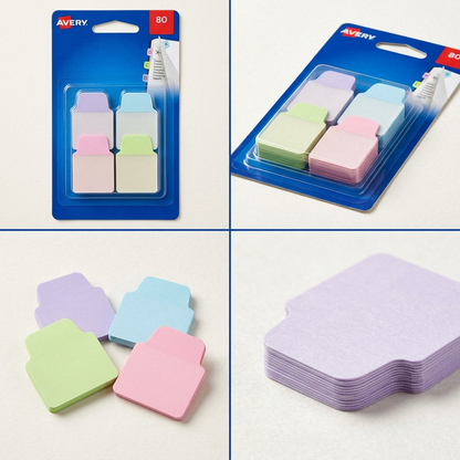 ~ A clean grid of four identical Avery Mini UltraTabs packs (MPN: 74815) in pastel colors, featuring purple, blue, green, and pink.