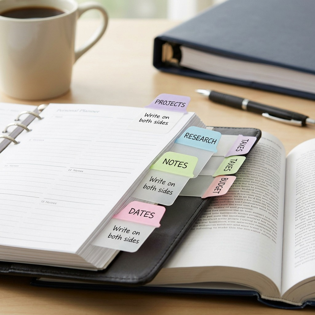 Avery pastel mini tabs on textbook pages with handwriting 'PROJECTS', 'RESEARCH', 'NOTES', and 'DATES'.