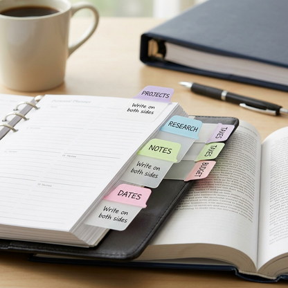 Avery pastel mini tabs on textbook pages with handwriting 'PROJECTS', 'RESEARCH', 'NOTES', and 'DATES'.