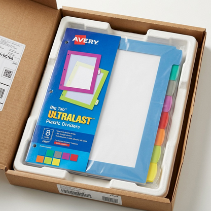 A visual matrix image showing Avery Big Tab dividers being unboxed from protective transit materials.