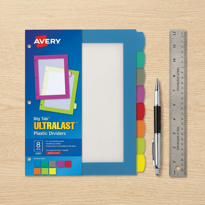 Scale reference photo: Avery UltraLast durable plastic dividers next to a standard pen and ruler on a clean desk, highlighting the true 8.5" x 11" size.