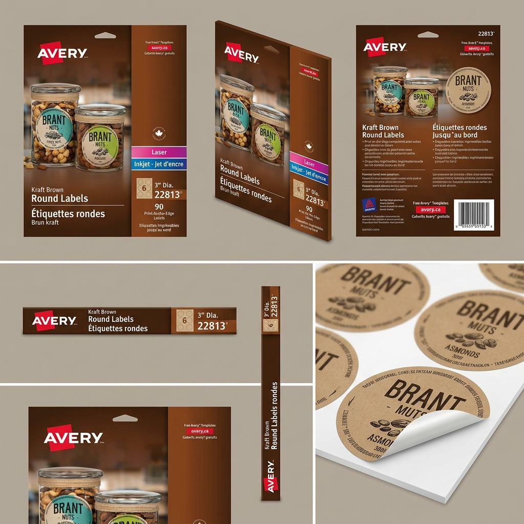 A premium ecommerce matrix displays single-quantity packs of Avery 22813 Kraft Brown Round Labels in a grid, showing front, back, side, and isometric views with consistent branding and details.