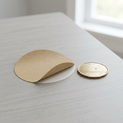 Scale comparison image shows the round, matte-textured brown Avery label beside a standard Canadian loonie coin.