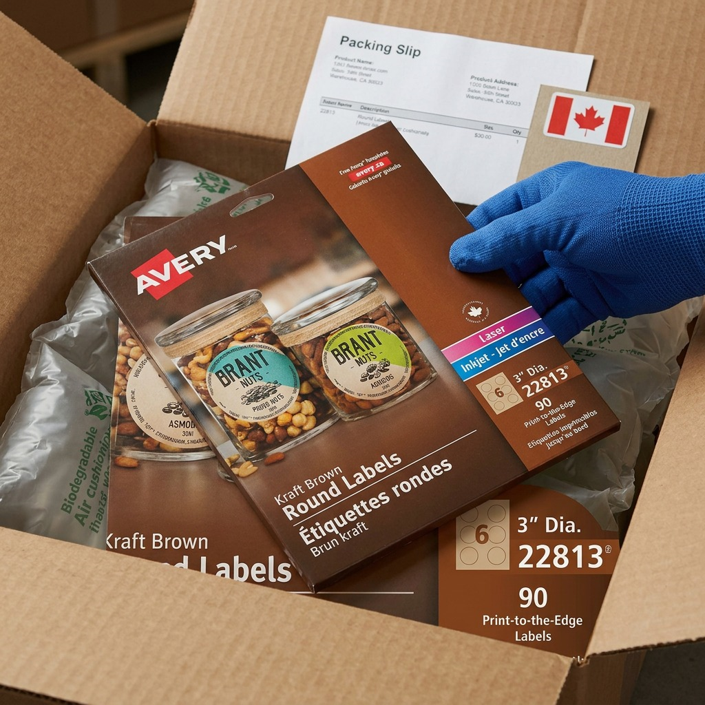 A premium unboxing visual showing a factory-sealed Avery 22813 label pack within protective air cushioning.