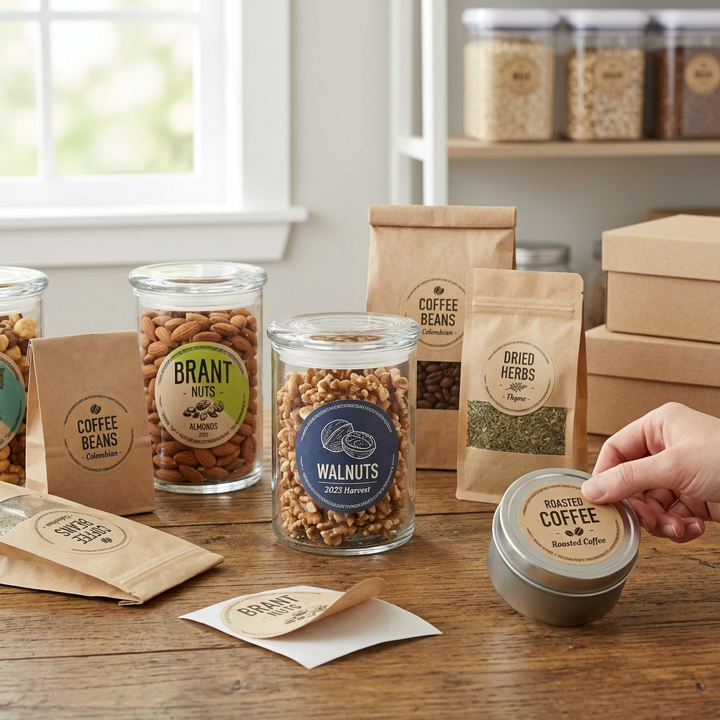 Lifestyle context photo: Applied Avery Kraft Brown Round Labels (3") on glass nut jars and kraft bags. Realistic, neutral setting.