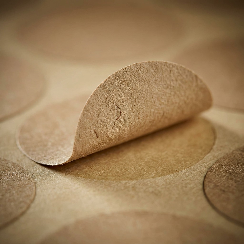 Extreme macro photo focusing on the textured raw kraft brown label material, with one edge showing the precut round shape ready to peel, on a clean, light surface.