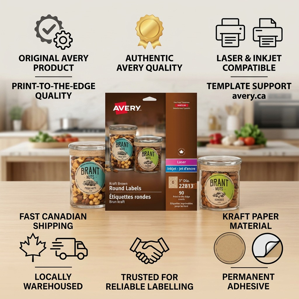 An infographic for Avery 22813 labels, featuring trust icons for quality, compatibility, fast shipping, and materials.