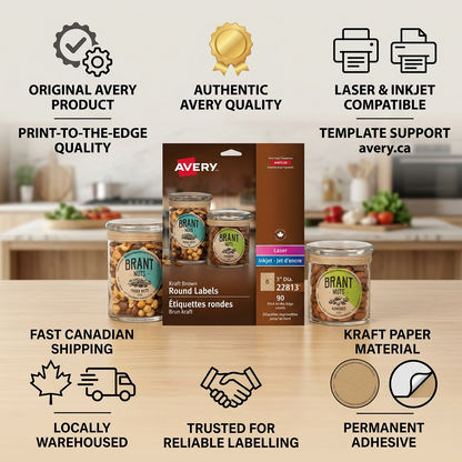 An infographic for Avery 22813 labels, featuring trust icons for quality, compatibility, fast shipping, and materials.