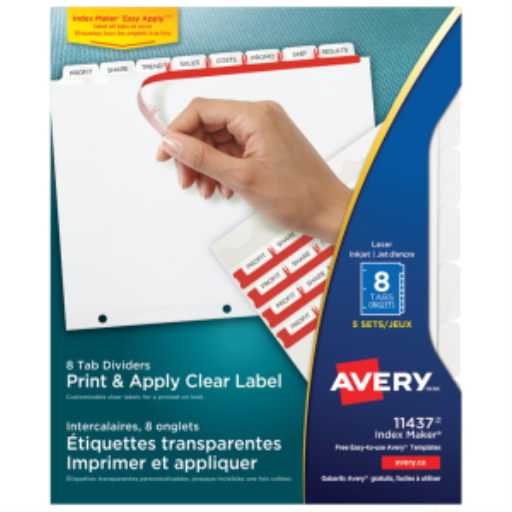 11437 INDEX MAKER CLEAR LABEL DIVIDERS, 8 TAB, 5 SETS, WHITE