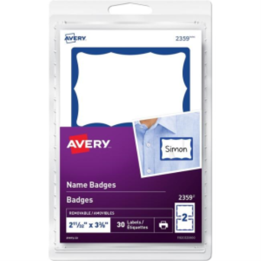 Avery Print or Write Name Badges 2-11/32" x 3?", White Paper w Blue Border, 30/pkg