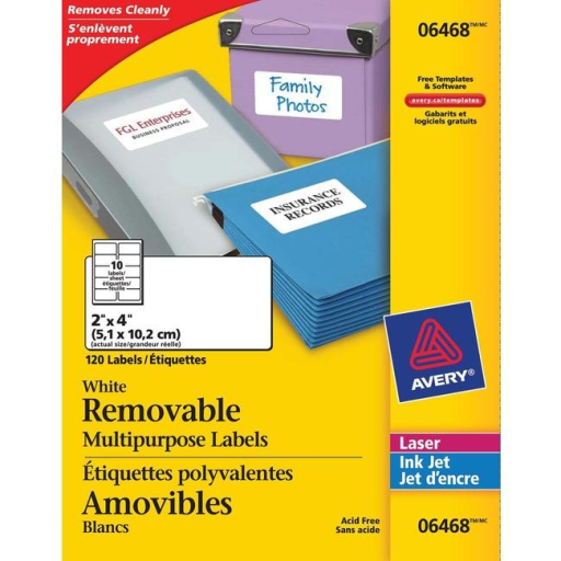 I.D. LABELS, 2" X 4", REMOVABLE, 12 SHEETS/ENV., 120 LA