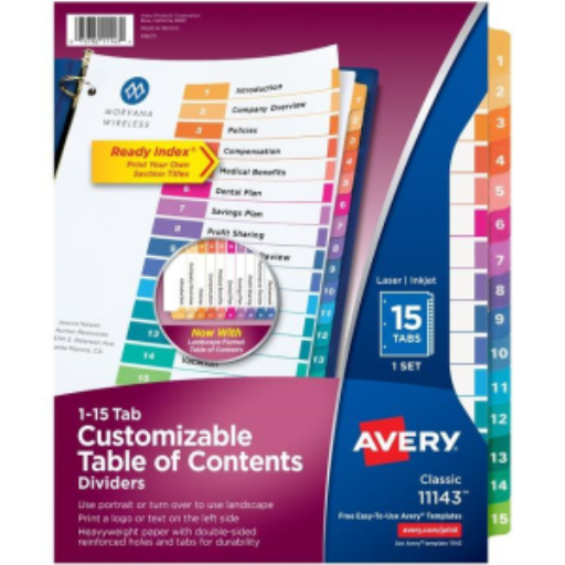 11143 READY INDEX TABLE OF CONTENTS DIVIDERS, 15 TAB, 1 SET,