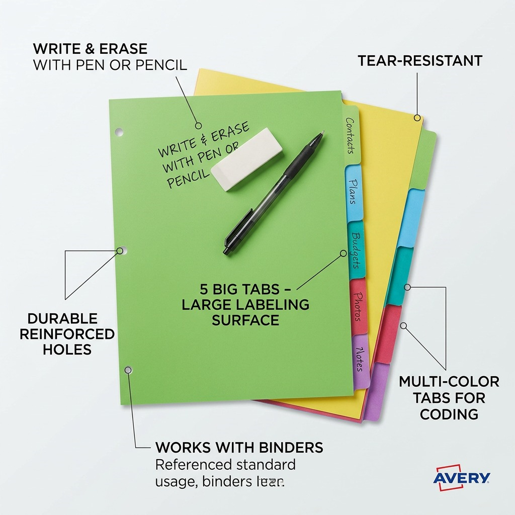 A polished feature graphic highlighting key benefits of Avery 23180 Write & Erase Dividers with clean annotations.