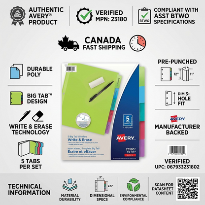 An infographic for Avery 23180 5 Big Tab Dividers with factual data, compliance badges, and fast Canadian shipping info.