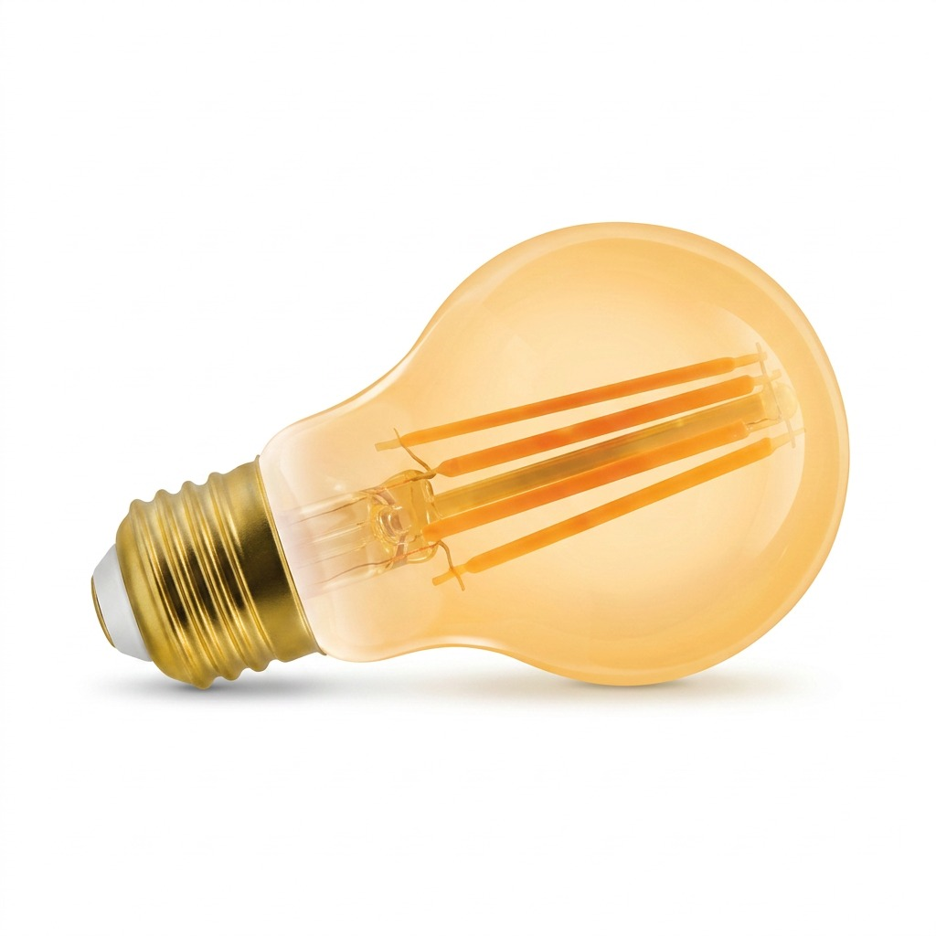 Pure high-resolution hero shot: LEDVANCE SYLVANIA SMART+ WiFi Filament A19 Amber Bulb, centered, pure white background.