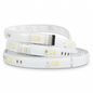 The LEDVANCE SMART+ WiFi Flex extension strip is coiling, showcasing its white FPC, 5-pin connector, Sylvania logo, and cut-line icon.