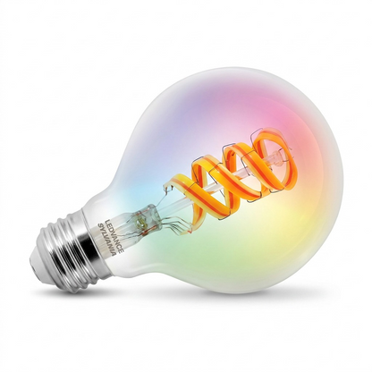 A clean eCommerce hero shot of a illuminated LEDVANCE SMART+ WiFi full color filament G25 bulb.