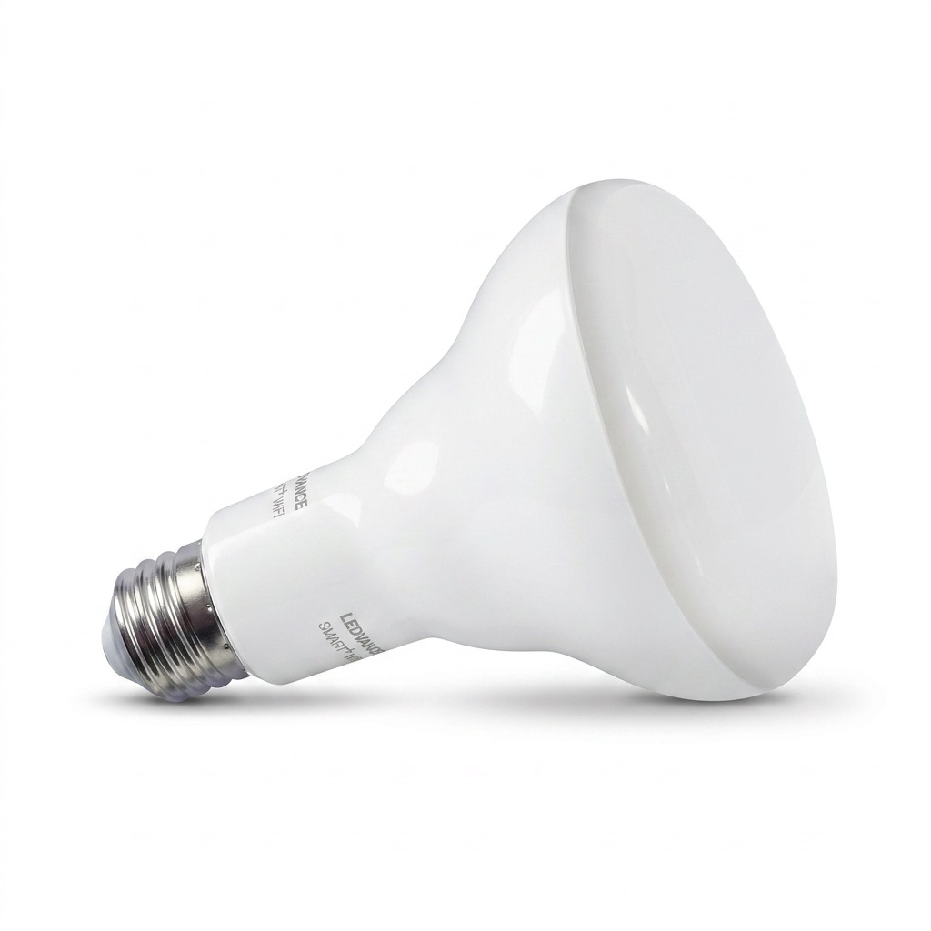 High-resolution hero shot of an LEDVANCE SMART+ WiFi BR30 light bulb against a white background. It has a white body, wide frosted dome, and E26 screw base.