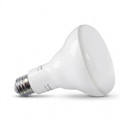 High-resolution hero shot of an LEDVANCE SMART+ WiFi BR30 light bulb against a white background. It has a white body, wide frosted dome, and E26 screw base.