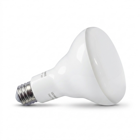 High-resolution hero shot of an LEDVANCE SMART+ WiFi BR30 light bulb against a white background. It has a white body, wide frosted dome, and E26 screw base.