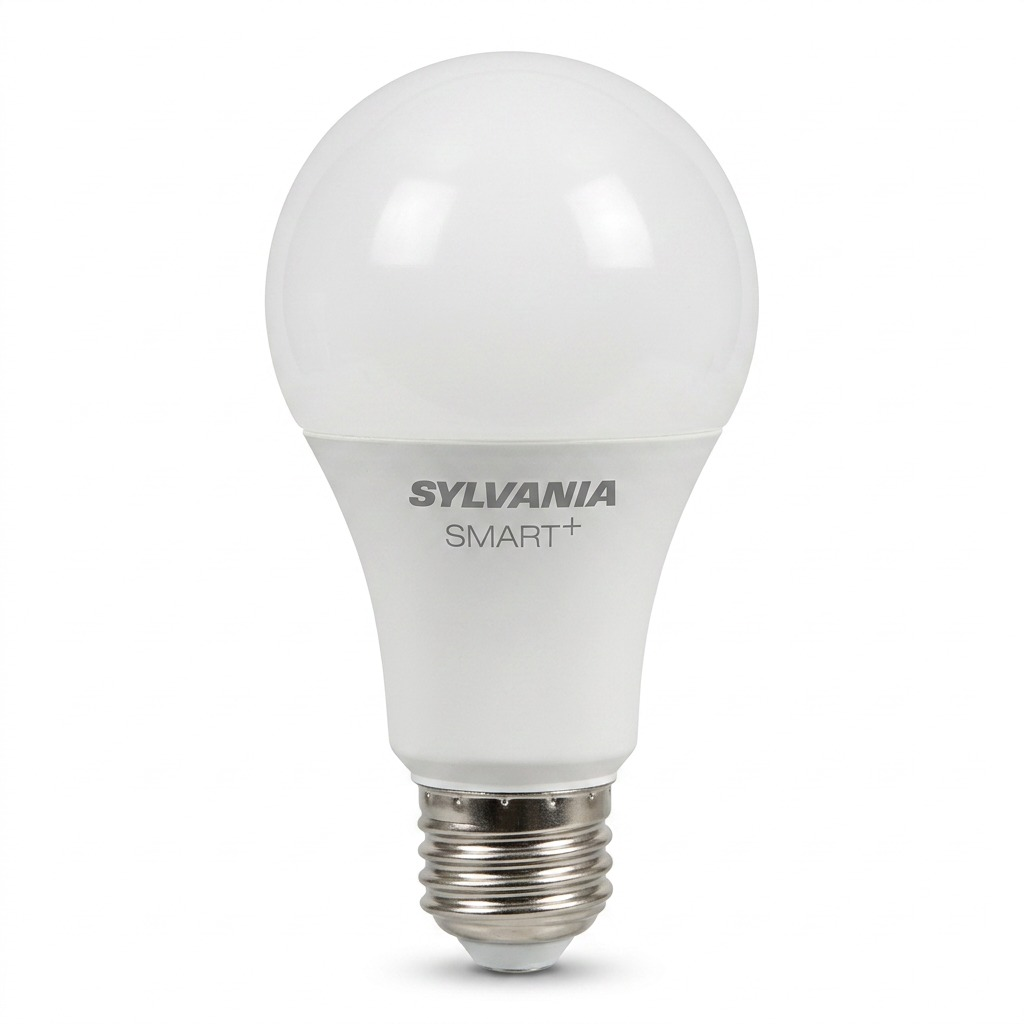 A clean, high-resolution hero shot of a single LEDVANCE SMART+ WiFi Soft White LED A19 light bulb, positioned upright on a pure white background. The product's shape, base details, and manufacturer markings are accurately rendered.