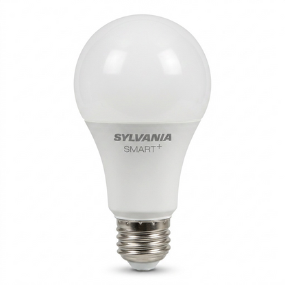 A clean, high-resolution hero shot of a single LEDVANCE SMART+ WiFi Soft White LED A19 light bulb, positioned upright on a pure white background. The product's shape, base details, and manufacturer markings are accurately rendered.