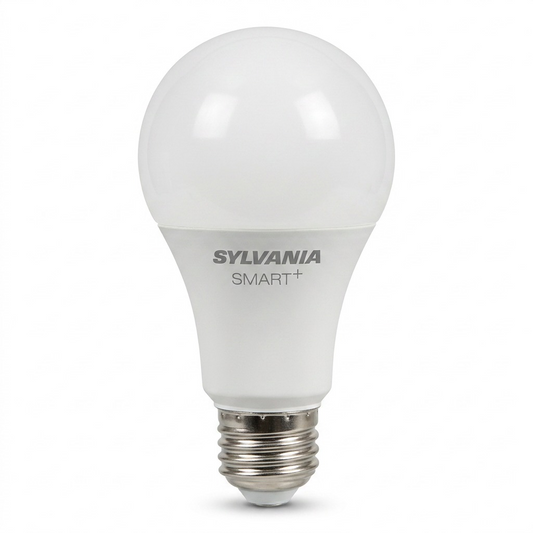 A clean, high-resolution hero shot of a single LEDVANCE SMART+ WiFi Soft White LED A19 light bulb, positioned upright on a pure white background. The product's shape, base details, and manufacturer markings are accurately rendered.