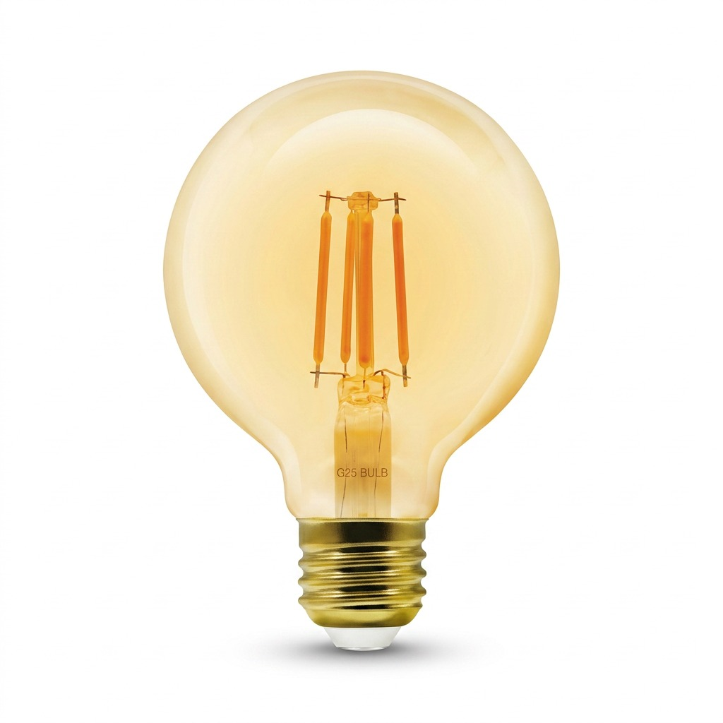 High-resolution hero shot of an LEDVANCE SMART+ WiFi Filament Amber G25 bulb on a pure white background.