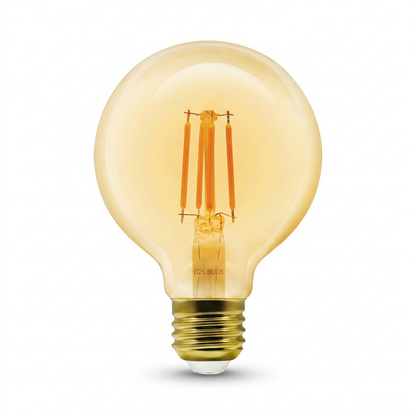 High-resolution hero shot of an LEDVANCE SMART+ WiFi Filament Amber G25 bulb on a pure white background.