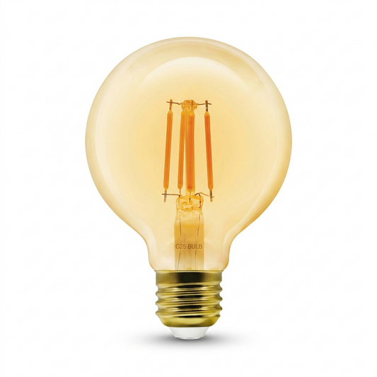 High-resolution hero shot of an LEDVANCE SMART+ WiFi Filament Amber G25 bulb on a pure white background.