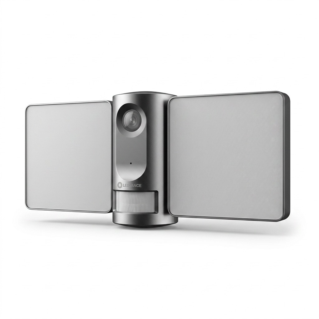 High-resolution 3/4 hero shot of LEDVANCE SMART+ WiFi Outdoor Flood Light Camera (75832) on white.