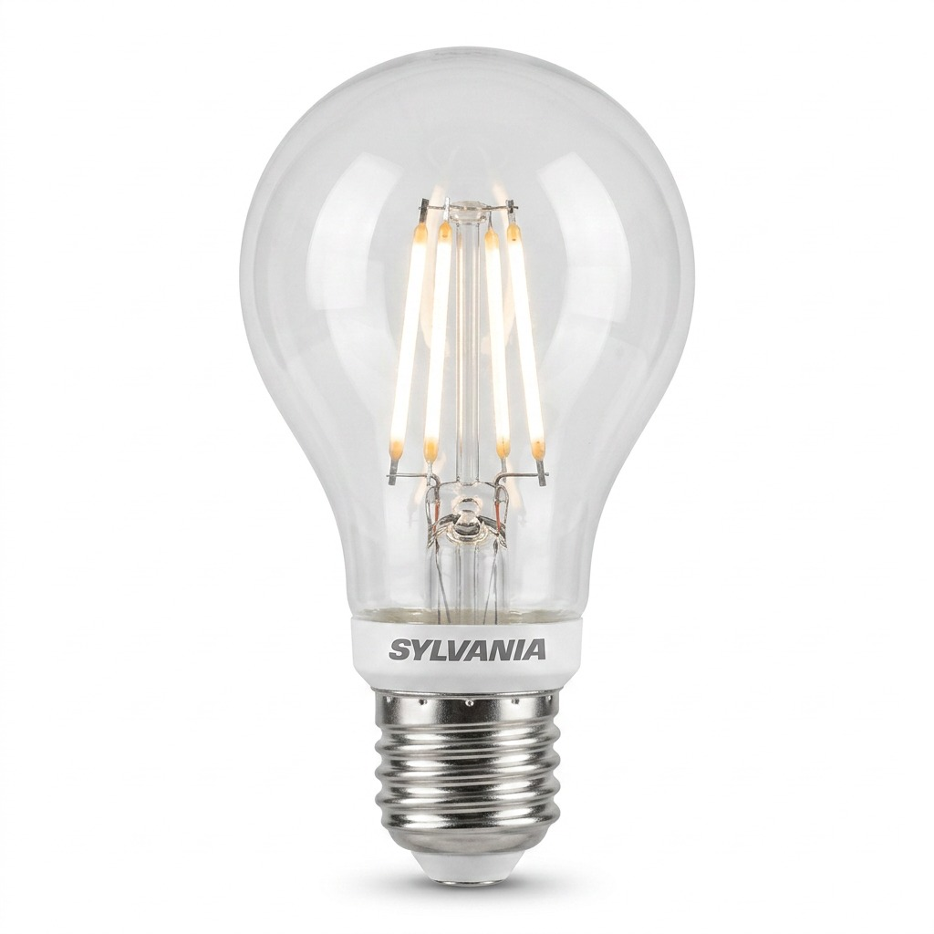 A high-resolution, centered flat lay photograph of a Sylvania Smart+ Wifi A21 bulb with a large silver screw base. The top glass is clear and shows complex internal filament structures. Set against a pure white background with soft, clean shadows.