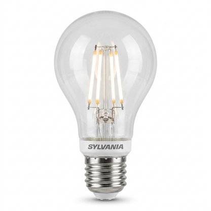 A high-resolution, centered flat lay photograph of a Sylvania Smart+ Wifi A21 bulb with a large silver screw base. The top glass is clear and shows complex internal filament structures. Set against a pure white background with soft, clean shadows.