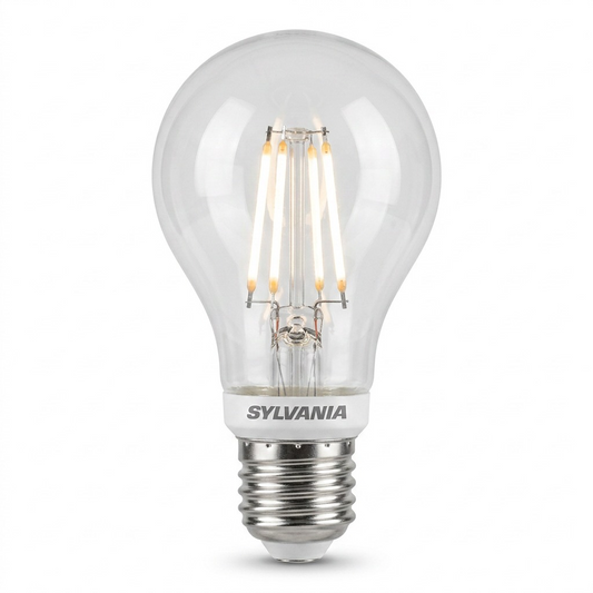 A high-resolution, centered flat lay photograph of a Sylvania Smart+ Wifi A21 bulb with a large silver screw base. The top glass is clear and shows complex internal filament structures. Set against a pure white background with soft, clean shadows.