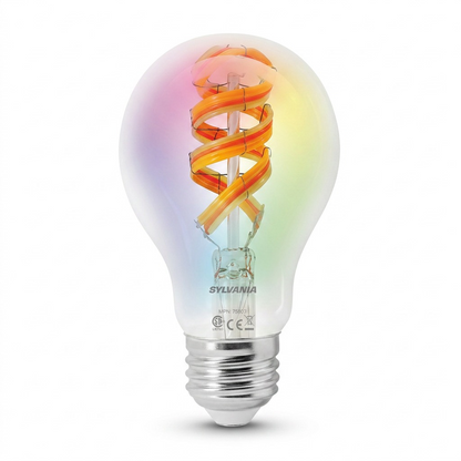 A high-resolution product shot of a SYLVANIA SMART+ WiFi A19 filament bulb on a crisp white background.