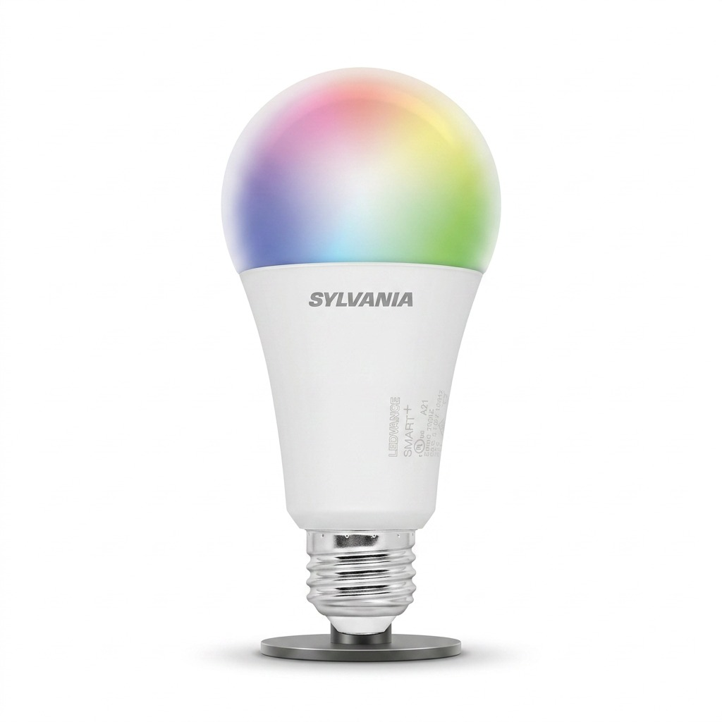 A pristine hero shot of the SYLVANIA SMART+ WiFi Full Color A21 LED bulb from `image_0.png` against a white background.
