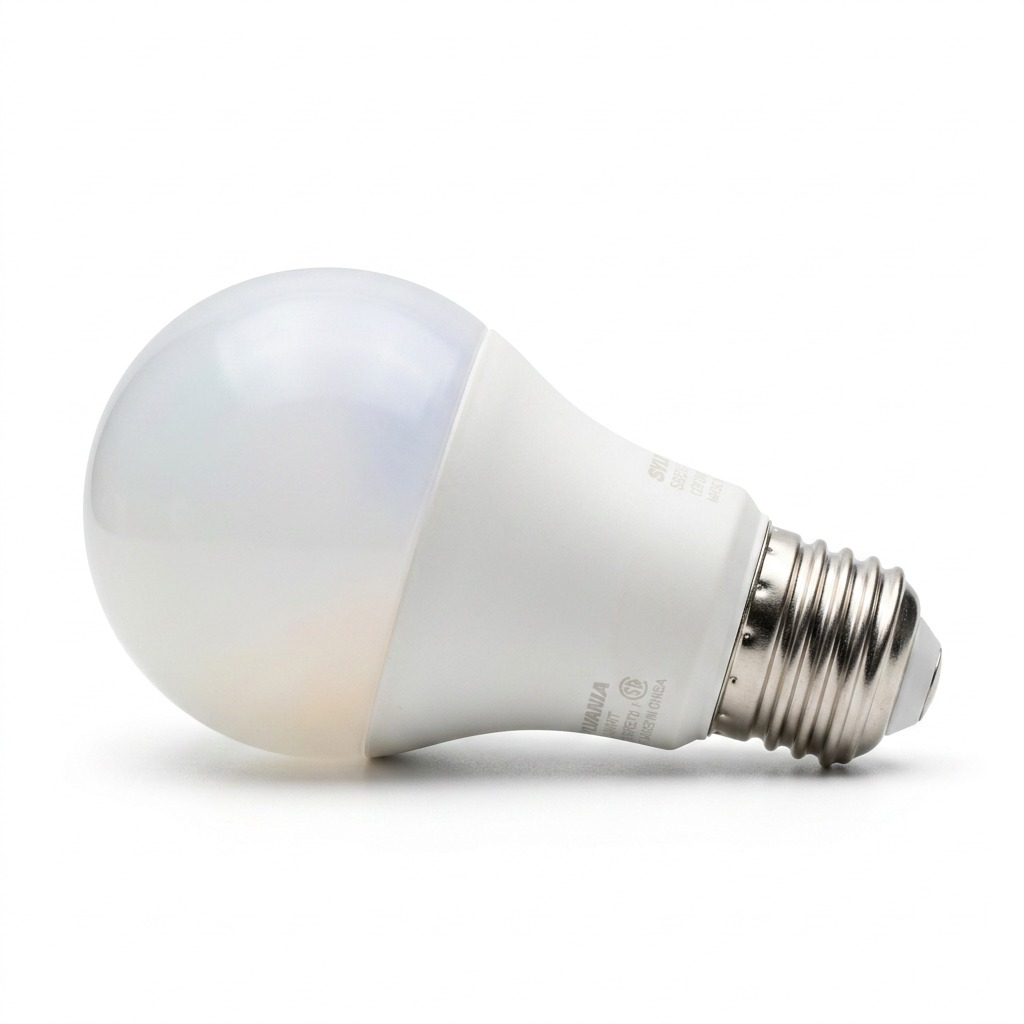 A high-resolution product shot of the Sylvania SMART+ A19 bulb against a pure white background. The bulb is sharply detailed, features its matte finish, silver screw base, and subtle color variance in its dome.