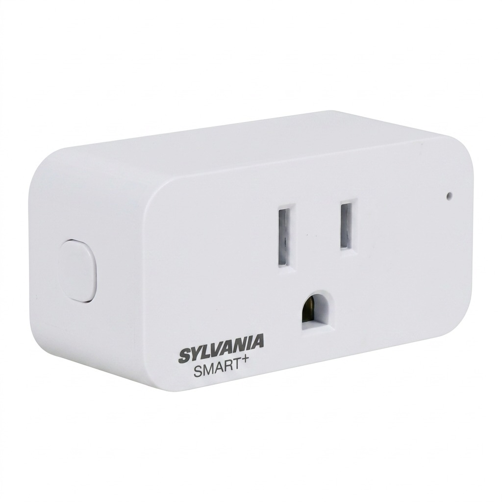 High-resolution hero shot of a Sylvania Smart+ WiFi Plug on a pure white background.