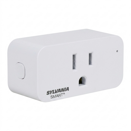 High-resolution hero shot of a Sylvania Smart+ WiFi Plug on a pure white background.