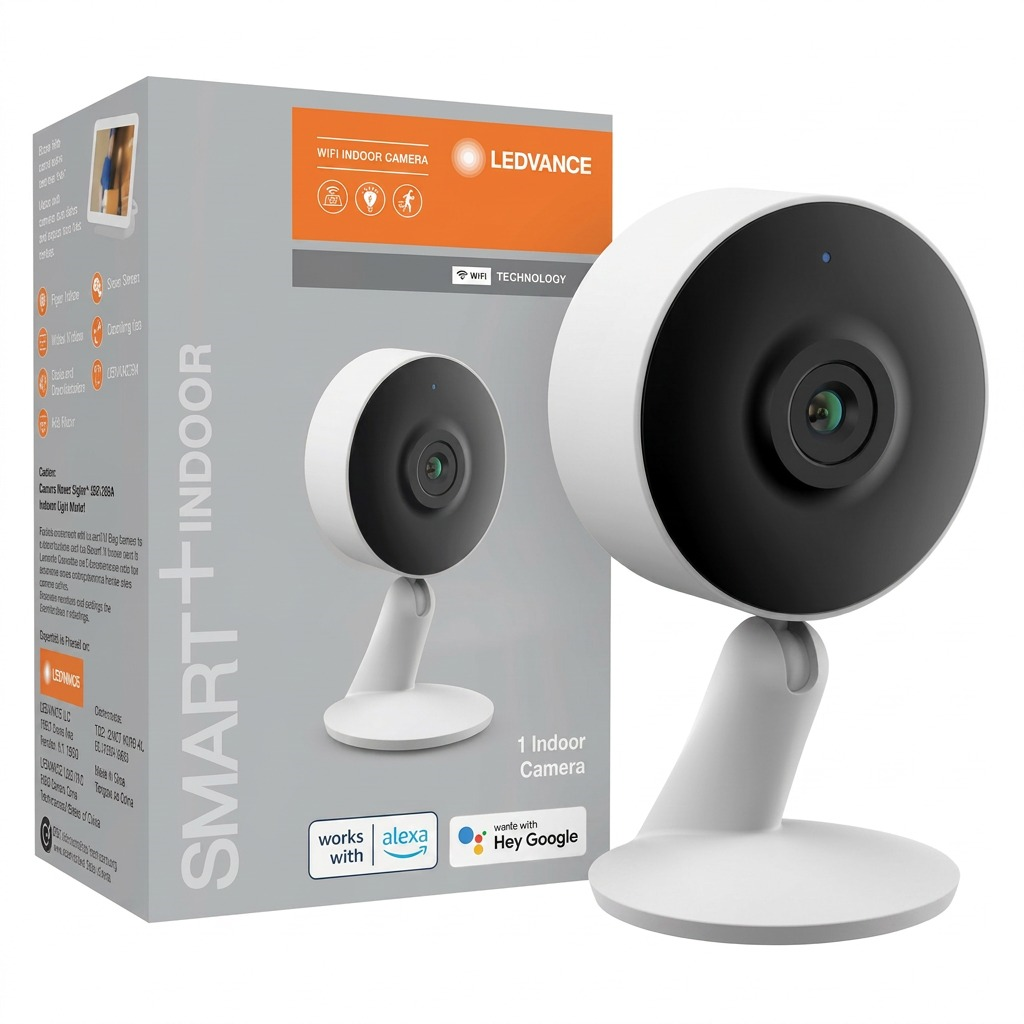 Pure. high-resolution product photography of single white and black LEDVANCE SMART+ WiFi Indoor Camera over white background.