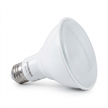 Pure macro hero shot: a single SYLVANIA SMART+ WiFi PAR30 Full Color LED bulb, centered on a clean white field, showing exact geometry and metal base.